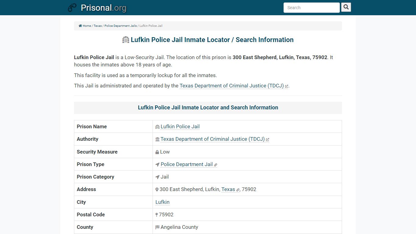 Lufkin Police Jail-Inmate Locator/Search Info, Phone, Fax ...